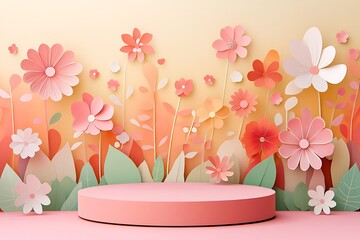 Round display podium mockup, paper cut spring flowers and leaves. Spring floral background, pedestal, stage for beauty and cosmetic product ads. Generative Ai