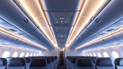 Empty airplane cabin with blue seats and overhead compartments.