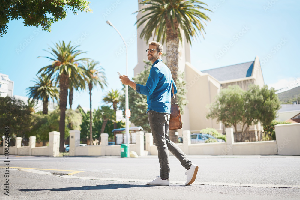 Poster man, thinking and phone for message in city, worker and travel consultant with guide app in town. ma