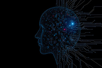 Obraz premium A digital representation of a human head in profile, composed of interconnected circuits and glowing data points, symbolizing artificial intelligence and technology.