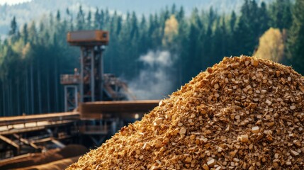 A large pile of wood chips in front of a wood processing plant.