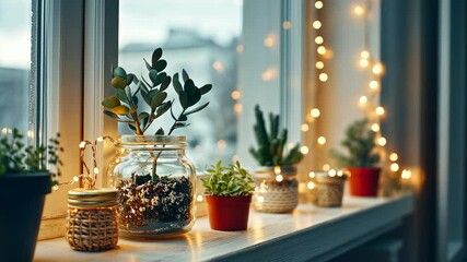 A windowsill decorated with plants and string lights creates a cozy atmosphere - Powered by Adobe