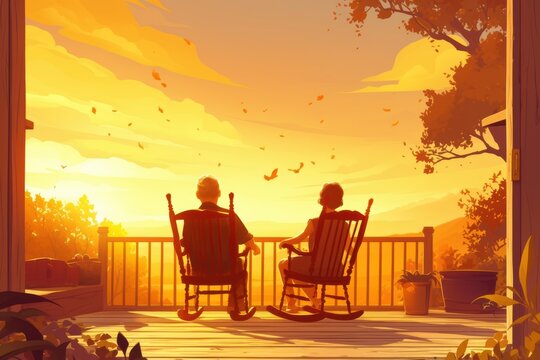 A couple sitting on their porch in rocking chairs, holding hands, watching a golden sunset over the countryside. - Powered by Adobe