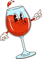 Groovy red wine glass character, playful alcohol drink personage. Isolated cartoon vector beverage wineglass with splash and funny face ready for celebration and enjoyment with joyful and lively vibes © Vector Tradition