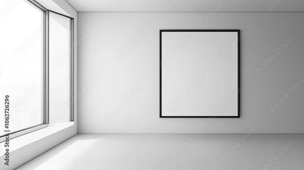 Poster minimalist room with blank canvas and large windows