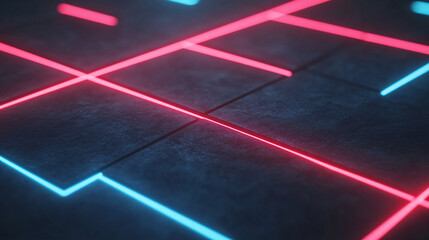 A close-up view of a neon rectangle on a dark background, defined by contrasting red and blue lights. The red illuminates the top and right sides, while the blue lights up the left and bottom. The