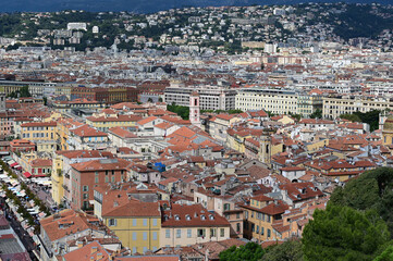 Nice, France and its beach on a sunny summer day in September.