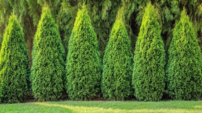 A row of six green coniferous trees with lush green grass at their base.