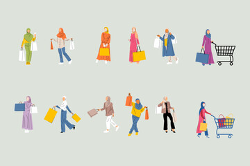 A diverse set of stylish hijabi women holding shopping bags and pushing carts in a modern flat illustration style. Ideal for fashion, lifestyle, and shopping-related projects.