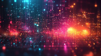 Naklejka premium Generative AI abstract illustration of geometric shapes and structures in colorful neon colors and lights in cyberspace against dark background