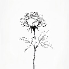 Minimalist line art of a single rose, delicate curves of petals and stem, stark white background.