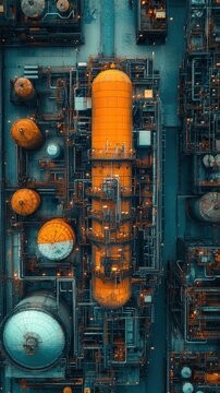 Oil refinery landscape showcasing massive storage tanks, complex piping systems, and a detailed industrial arrangement, devoid of human presence