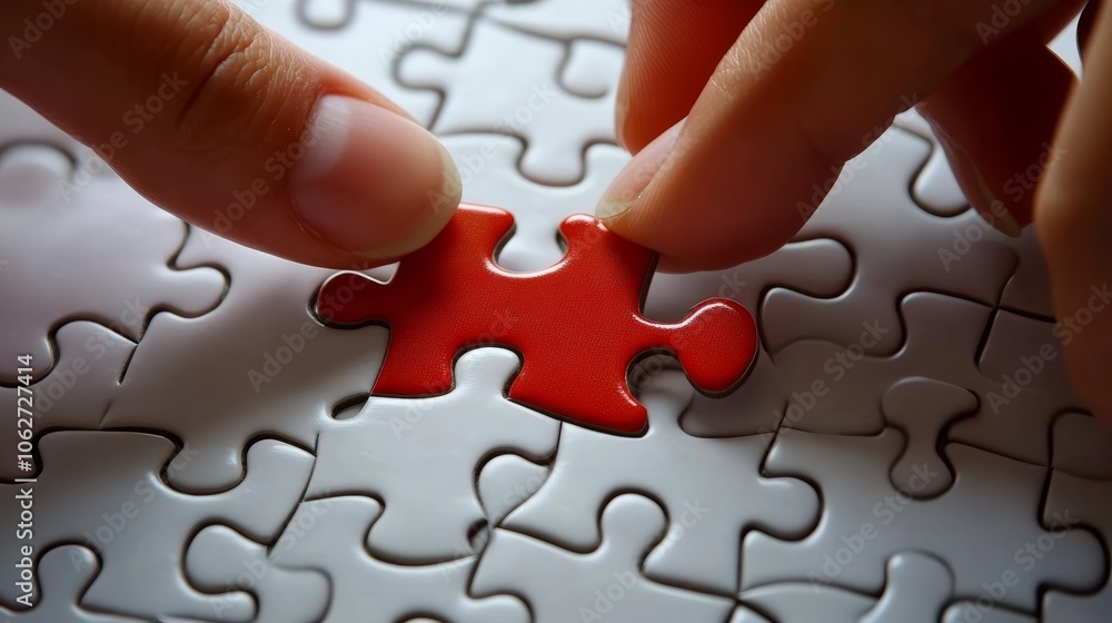 Poster a close-up of hands placing a red puzzle piece into a larger white puzzle, symbolizing completion an