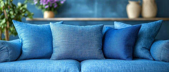 A cozy blue sofa adorned with various textured cushions against a stylish backdrop.