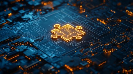 A detailed digital representation of a circuit board with a glowing puzzle piece at its center, highlighting technology and connectivity.