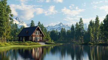 Fototapeta premium Serene Mountain Cabin by a Tranquil Lake
