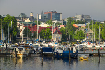 A foggy June morning in the city's marina. Lapeenranta, Finland
