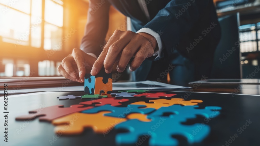 Poster a person in a suit is placing a puzzle piece on a table, symbolizing problem-solving and collaborati