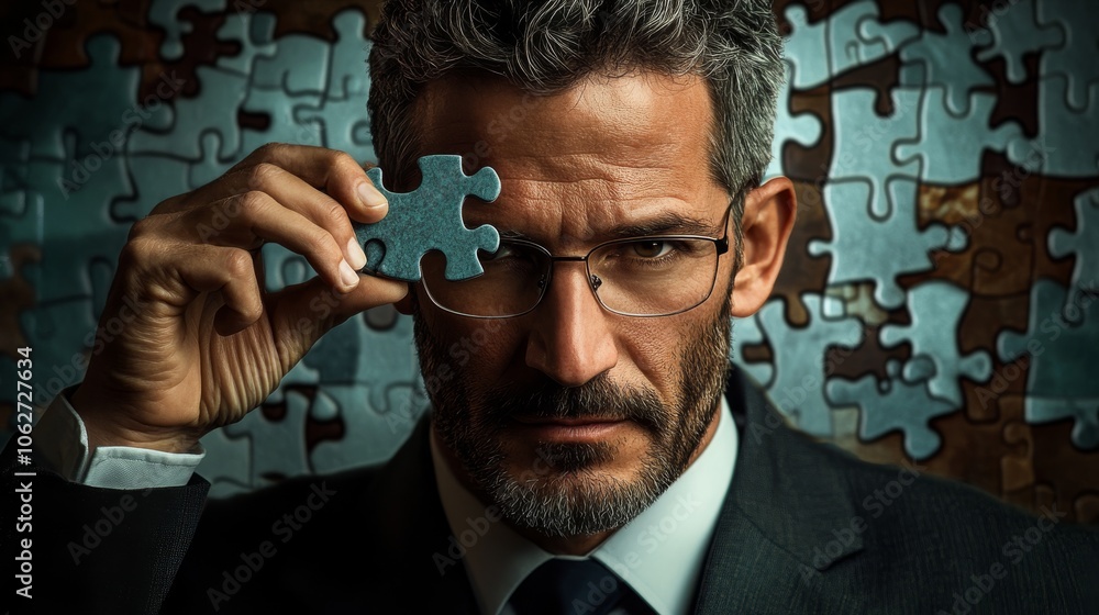 Poster a serious man in a suit holds a puzzle piece, surrounded by scattered puzzle pieces, symbolizing com