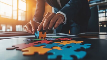 Fototapeta premium A person in a suit is placing a puzzle piece on a table, symbolizing problem-solving and collaboration in a business environment.