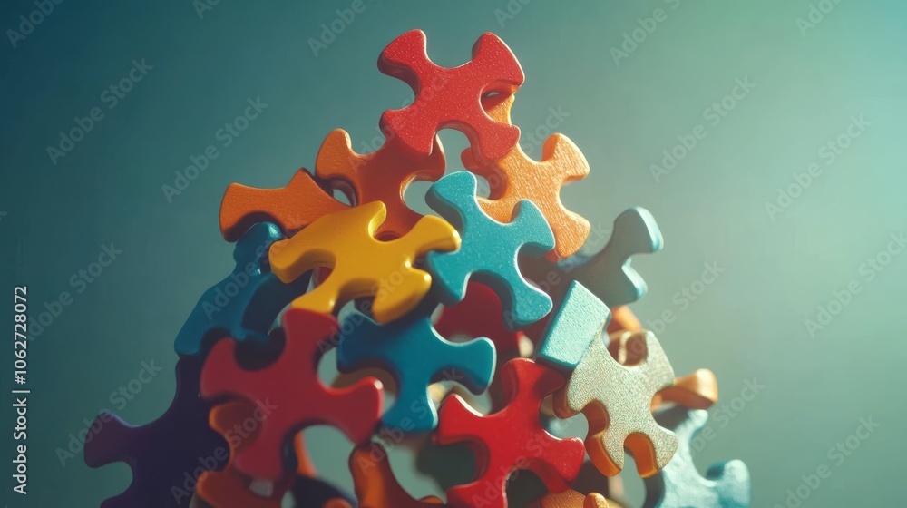 Poster a colorful stack of interlocking puzzle pieces creates an abstract, vibrant display against a subtle