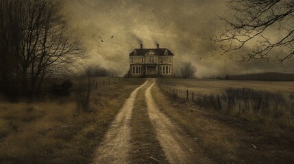 Obraz premium A long, winding dirt road leads to an old, abandoned house in the middle of a field. The sky is dark and stormy, and the trees are bare.