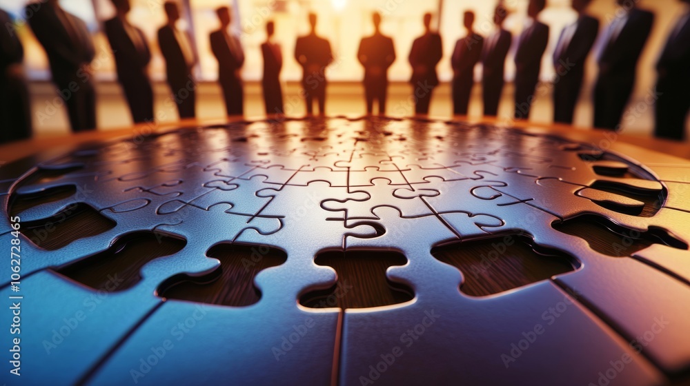 Poster a group of silhouettes surrounds a partially completed circular puzzle, symbolizing collaboration an