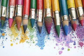 Colorful art supplies with vibrant pigment splashes.
