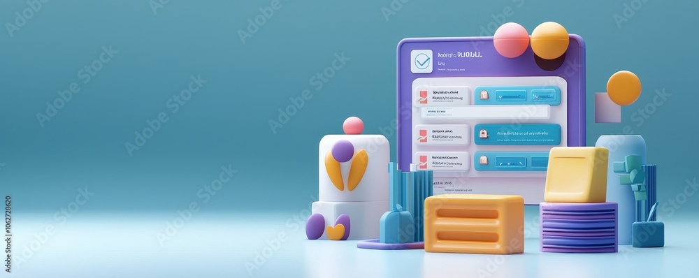 Poster a colorful, playful 3d representation of ui elements and icons, showcasing a modern design aesthetic
