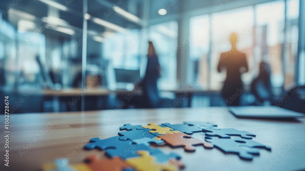 Poster a close-up of colorful puzzle pieces on a table with blurred figures in a modern office setting, sym
