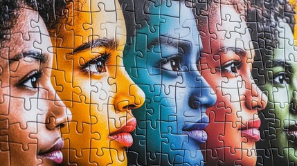 A vibrant puzzle displaying artistic faces in diverse colors, highlighting beauty and individuality through unique expressions.