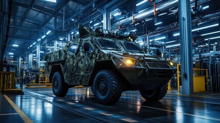 A military armored vehicle with camouflage paint in a factory.