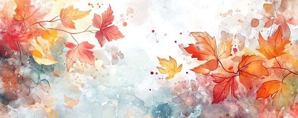 Watercolor abstract background autumn collection with maple and seasonal leaves. Hand-painted watercolor natural art, perfect for your designed header, banner, web, wall, cards, etc. Generative Ai