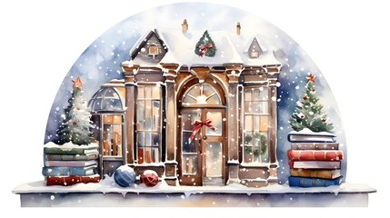 Obraz premium Cozy Bookshop Snow Globe with Nostalgic Holiday Decor on White Watercolor Background Charming winter scene with quaint bookstore festive ornaments and serene calming atmosphere