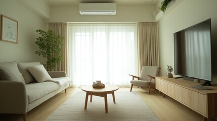 A modern living room with a light and airy feel. It features a beige sofa, a coffee table, an armchair, a TV, and a large window with white curtains. The room is decorated in a minimalist style with w