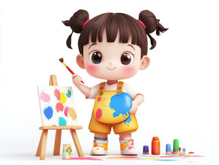 Cute child painting on small canvas, holding paintbrush and palette, surrounded by colorful paint splashes. joyful expression captures creativity of art