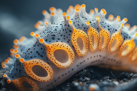 Close-up of an intricate sea cucumber, its textured skin adorned with small yellow dots and black spots