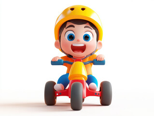 kawaii child riding tricycle, wearing yellow helmet, smiling excitedly. vibrant colors and joyful expression create playful atmosphere