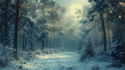 Naklejka premium Dense winter forest shrouded in soft morning mist snow dusting the pine needles hushed atmosphere subtle sunlight breaking through the fog tranquil nature scene