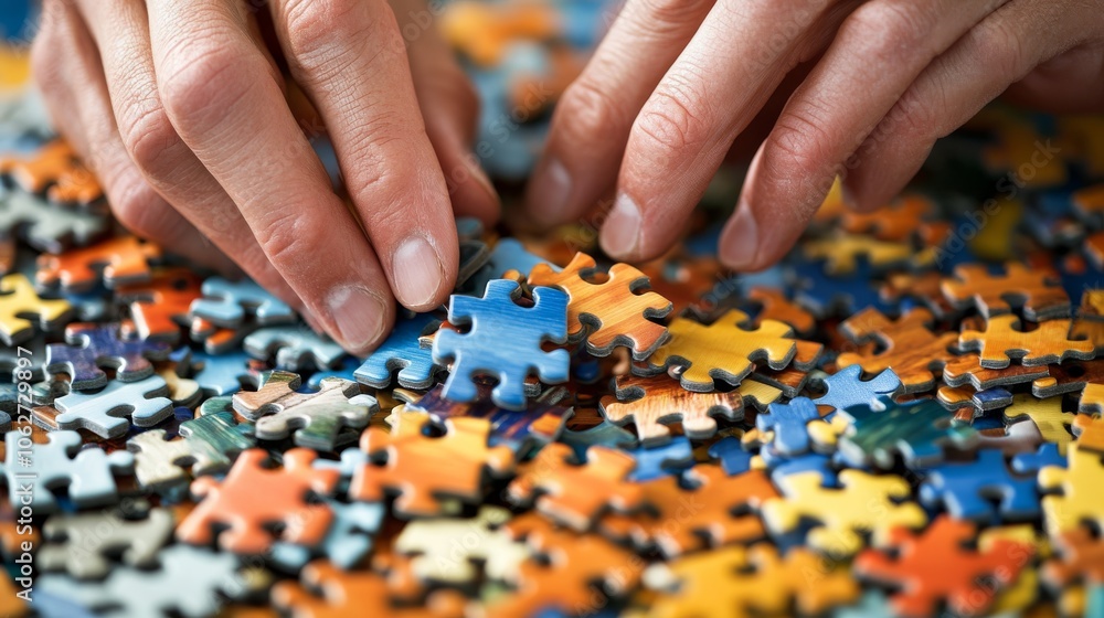 Poster a close-up of hands assembling a colorful jigsaw puzzle on a cluttered surface, showcasing various p