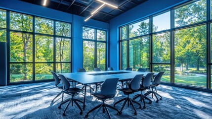 Modern meeting room with large windows and a long table, surrounded by chairs, with a view of trees and grass outside.