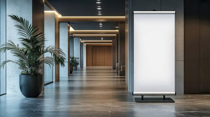Pull up banner mockup stands in the elegant building hallway. Blank roll up poster for advertising or marketing message in modern interior
