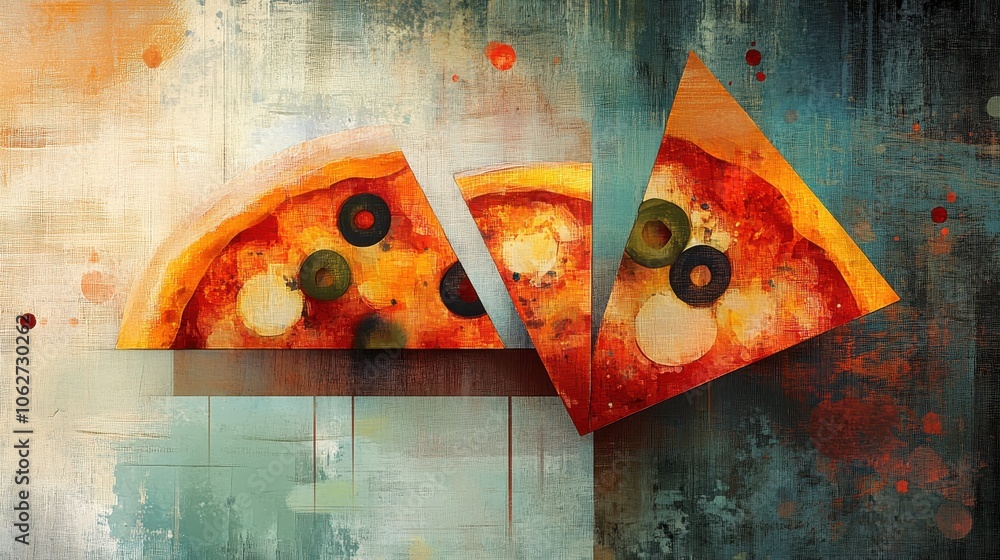Poster generative ai illustration of abstract art featuring pizza slice motifs with geometric shapes and a 