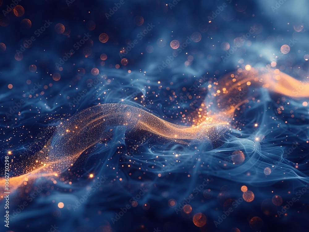 Poster a mesmerizing abstract representation of flowing light and particles in a dark atmosphere.