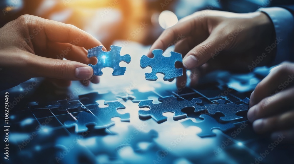 Poster two hands join puzzle pieces together, symbolizing teamwork and problem-solving in a soft, illuminat