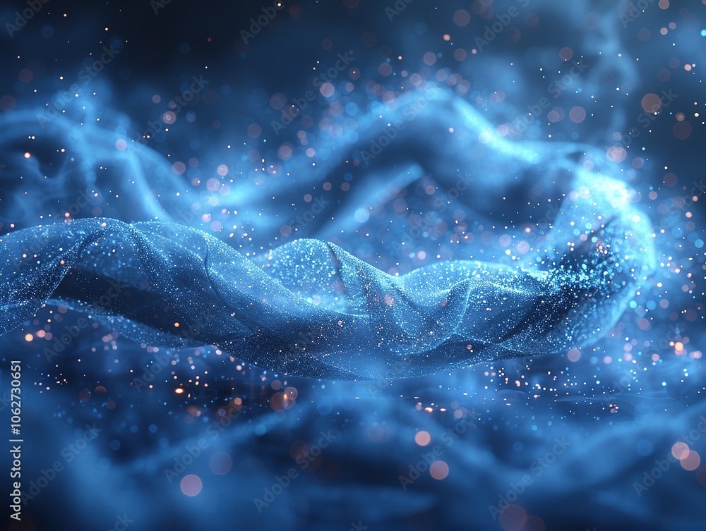 Poster a mesmerizing abstract scene with flowing fabric and sparkling particles in a blue hue.