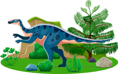 Aralosaurus prehistoric dinosaur character. Isolated cartoon vector herbivore dino reptile animal, genus of hadrosaurid dinosaur in natural environment with plants and rock. Late cretaceous era lizard