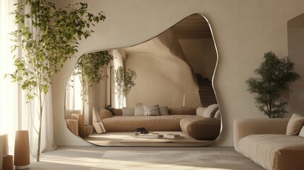 A modern living room interior with a large, organic-shaped mirror reflecting a beige sofa, plants, and a staircase.