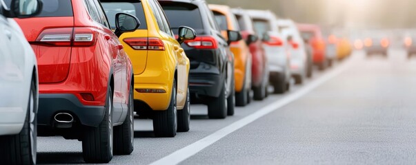 Fototapeta premium Stuck cars lined up in early morning city streets, impatient drivers glancing at their watches, urban traffic delay, frustration in city commute