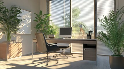 Modern home office with large windows, desk, chair, plants and sunlight streaming in.